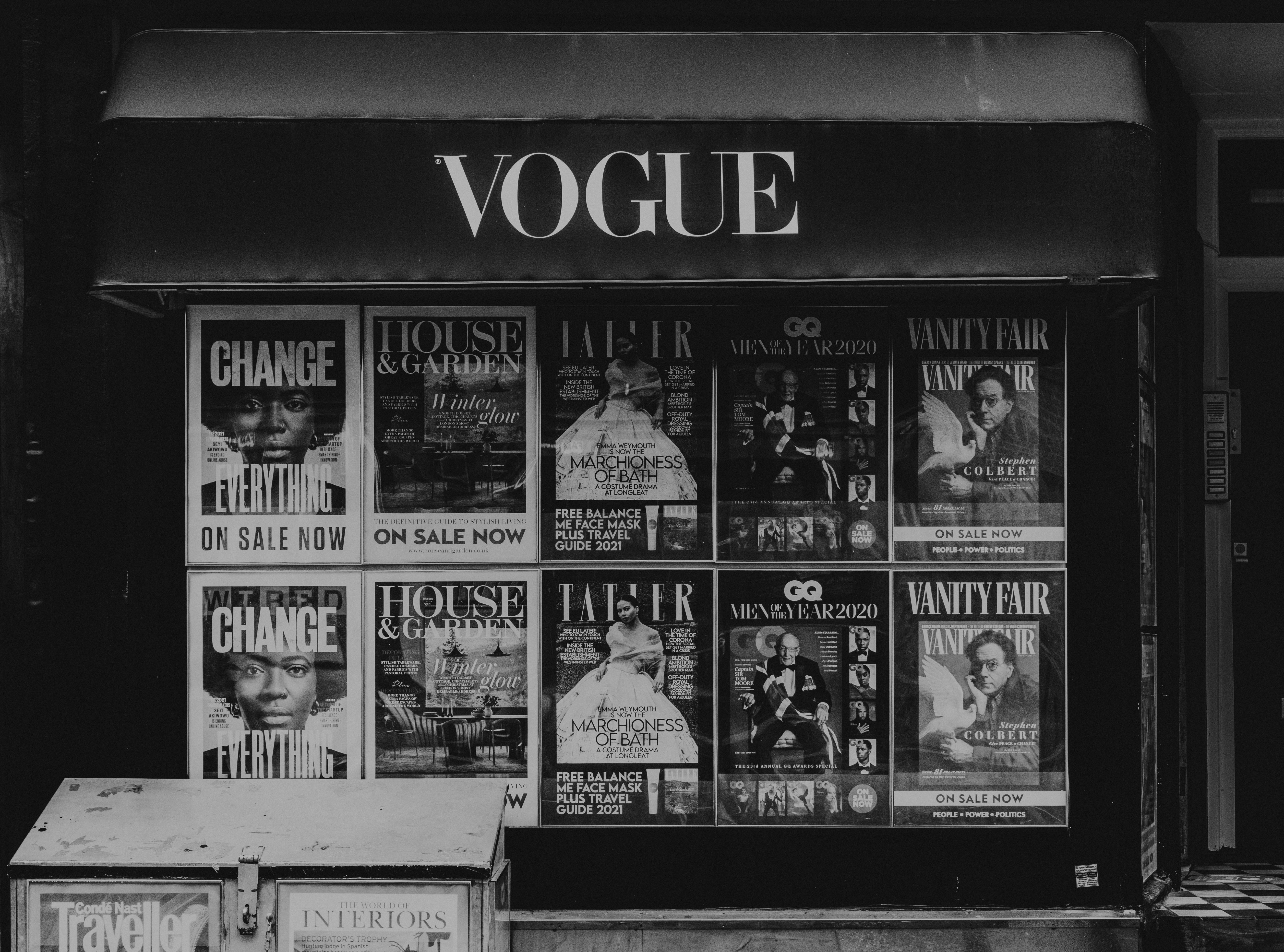 Aesthetic vogue magazine stand in black and white for About page cover for Wake Up To Fashion