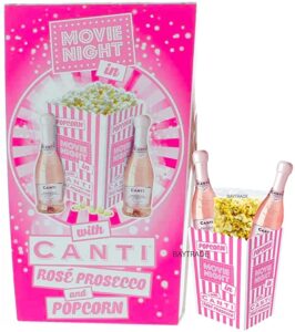 Pink box with popcorn and Prosecco perfect for a glamorous movie night to get her for Valentine’s