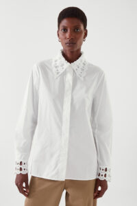 Lace detailed white shirt with fancy trim sleeves and collar