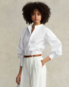 Clean white fitted shirt for women. Puffy sleeved designer shirt.