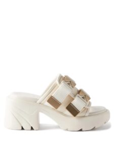 White heeled mules with gold brass buckle