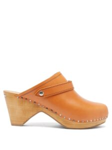 Brown leather clogs with wooden sole and heel