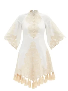 Embroidered fancy white aesthetic summer dress with tassels