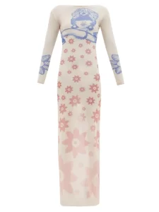 Full body length summer dress with artistic blue and pink print on it