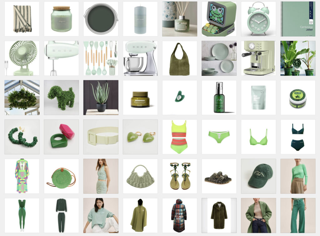 Collage of aesthetic green fashion and home decor products