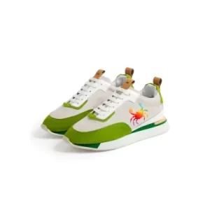 Grey and green trainers with colourful logo
