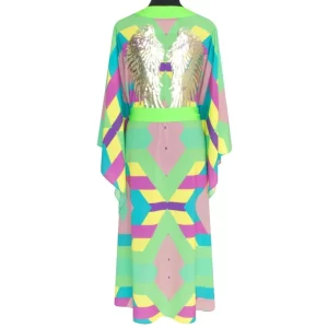 Green colourful beach kimono robe with large gold wings on it