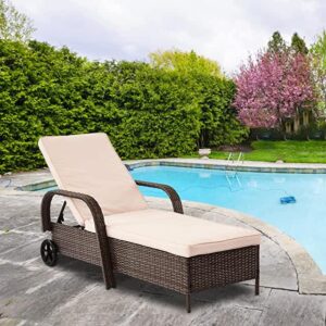 Brown basket lounger with arm rests and wheels plus long white cushions.