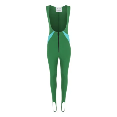 Green jumpsuit with u shaped back and front zip