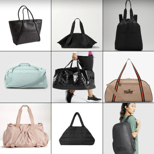Collage of women’s gym backpacks, gym duffle bags and gym tote bags.