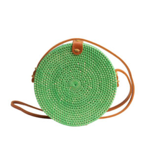 Round green basket cross body bag with brown strap