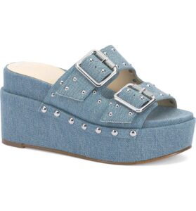 Denim blue clogs with silver buckled straps