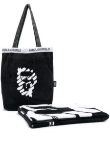 Black and white beach towel with matching tote bag