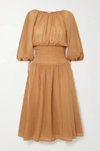 Light brown midi dress with voluminous sleeves