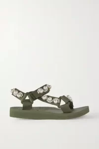 Sage green sandals with crystal embellished straps