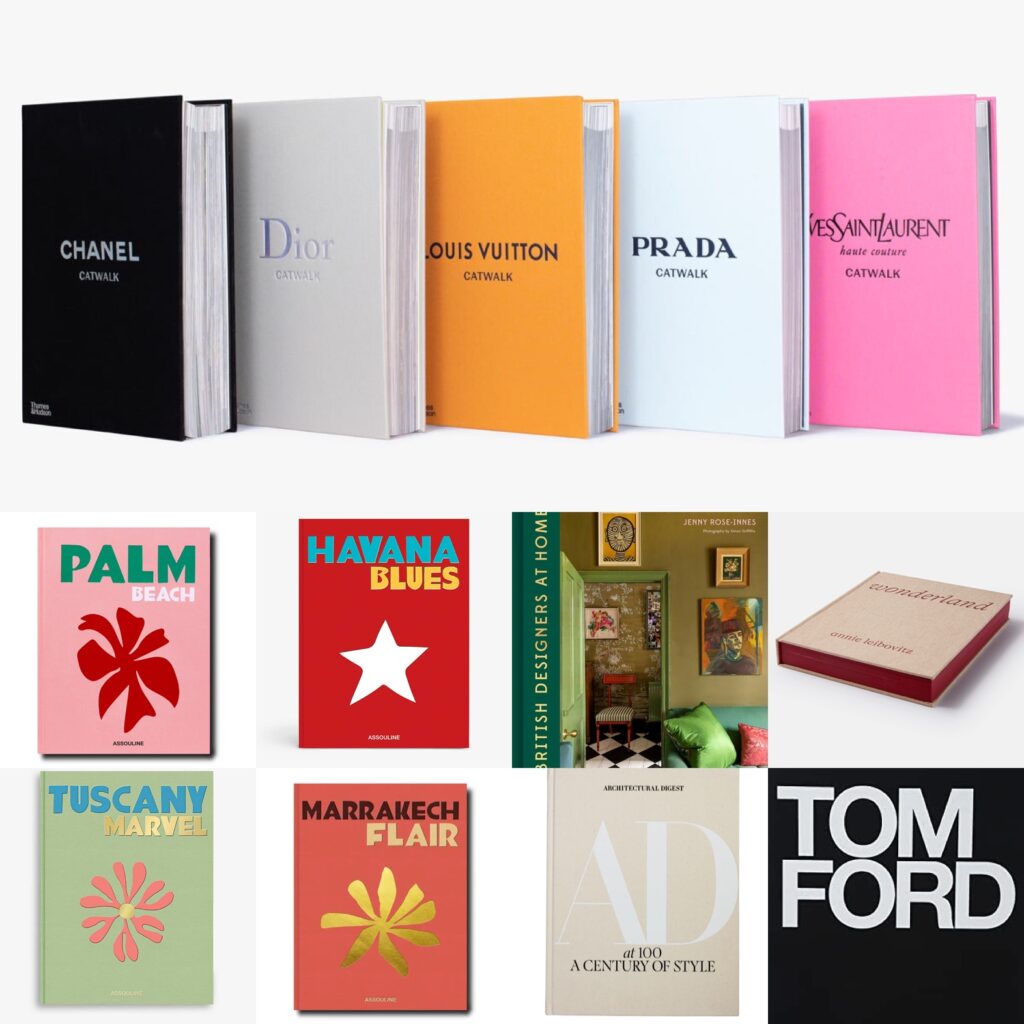 Collage of minimalist, unique and designer coffee table books