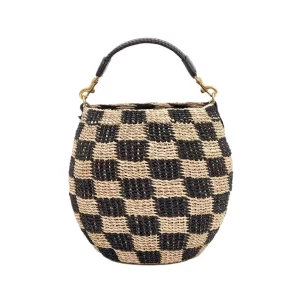 Chequered round straw summer handbag