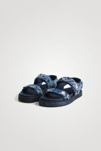 Women’s velcro blue denim sandals with denim straps and glittery sole