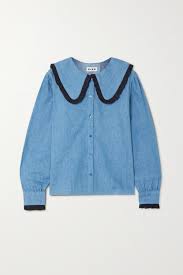 Women’s blue denim shirt with oversized collar and fancy black trims