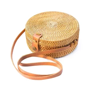 Round basket handbag with long brown strap