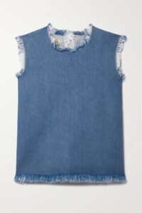 Open back sleeveless frayed denim shirt vest
