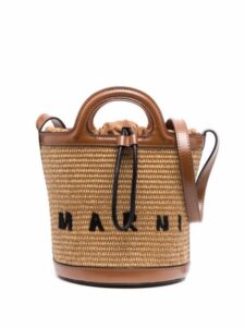 Straw bucket bag with leather handles
