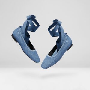 Denim blue ballet flats with blue tie up ribbons
