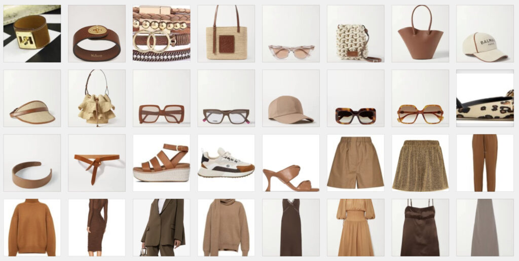 Collage of aesthetic brown clothing, sunglasses, hats and jewellery