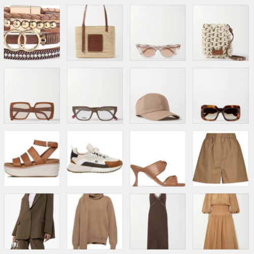 Collage of aesthetic brown clothing, sunglasses, hats and jewellery