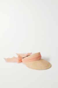 Basket style sun visor with pink ribbon on it.