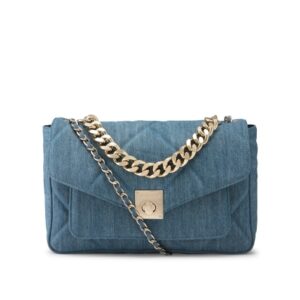 Navy blue crossbody bag with long silver chain shoulder strap