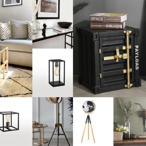 Industrial wooden and metal home decor: lamps, lights, side tables, console tables and globe.