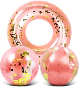 Pink inflatables summer aesthetic beach set with two beach balls and large inflatable ring