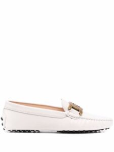 White designer flats with gold buckle