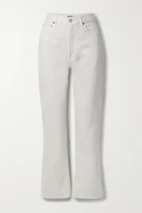 Women’s white high rise jeans with pinch waist