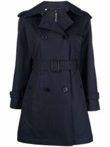 Women’s navy french chic trench coat with black buttons.