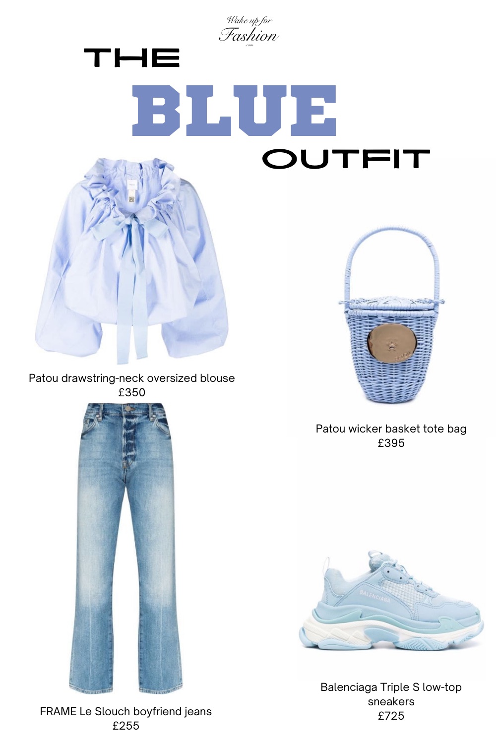 Colour blocking blue outfit with ruffled blouse, jeans, basket bag and trainers.