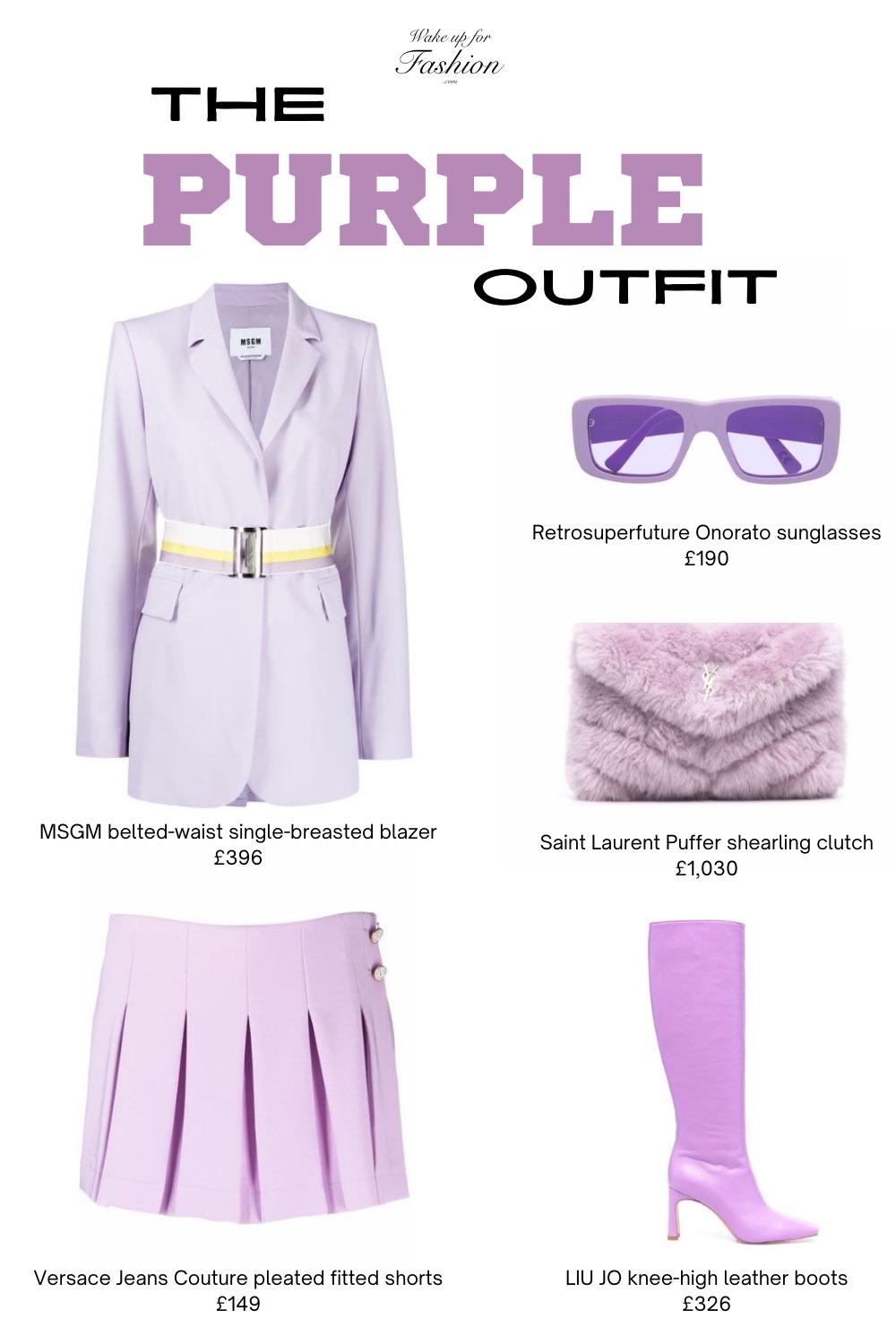 Purple colour block outfit including a blazer, shorts, sunglasses, a clutch bag and boots.