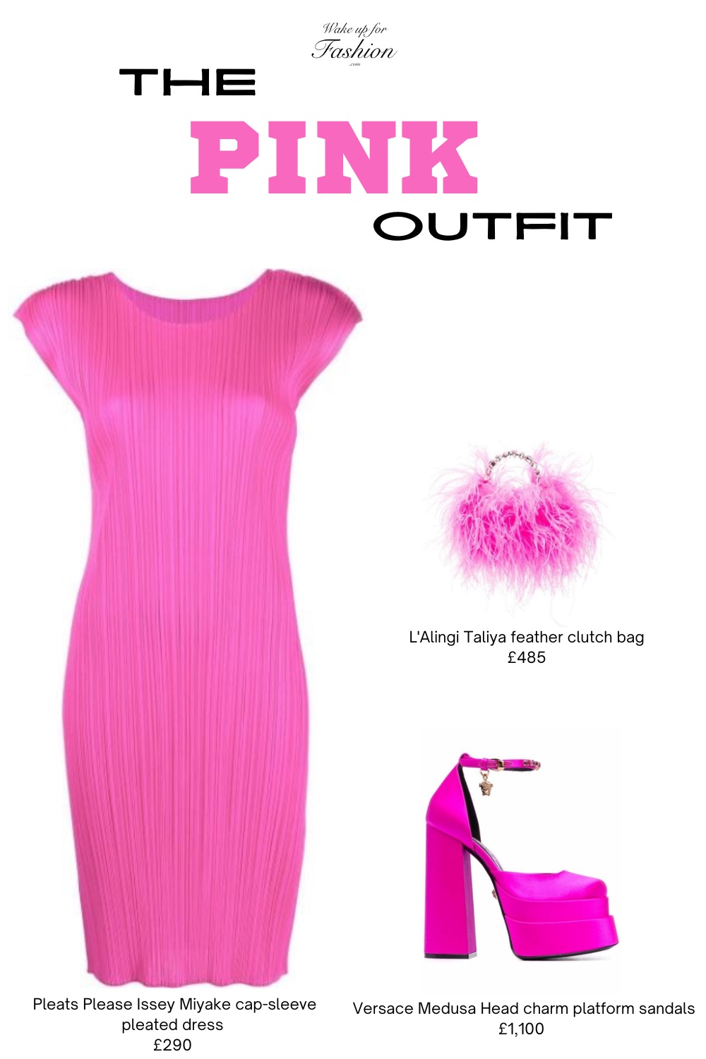 Women’s pink outfit including a dress, bag and shoes.