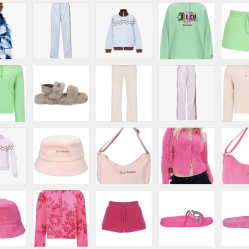 Aesthetic Y2K clothing in pink, green, blue, gold, beige and neutral.