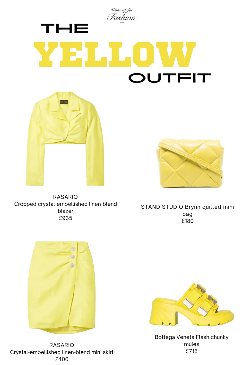 Colour blocking yellow outfit with cropped blazer, mini skirt, quilted bag and mules.