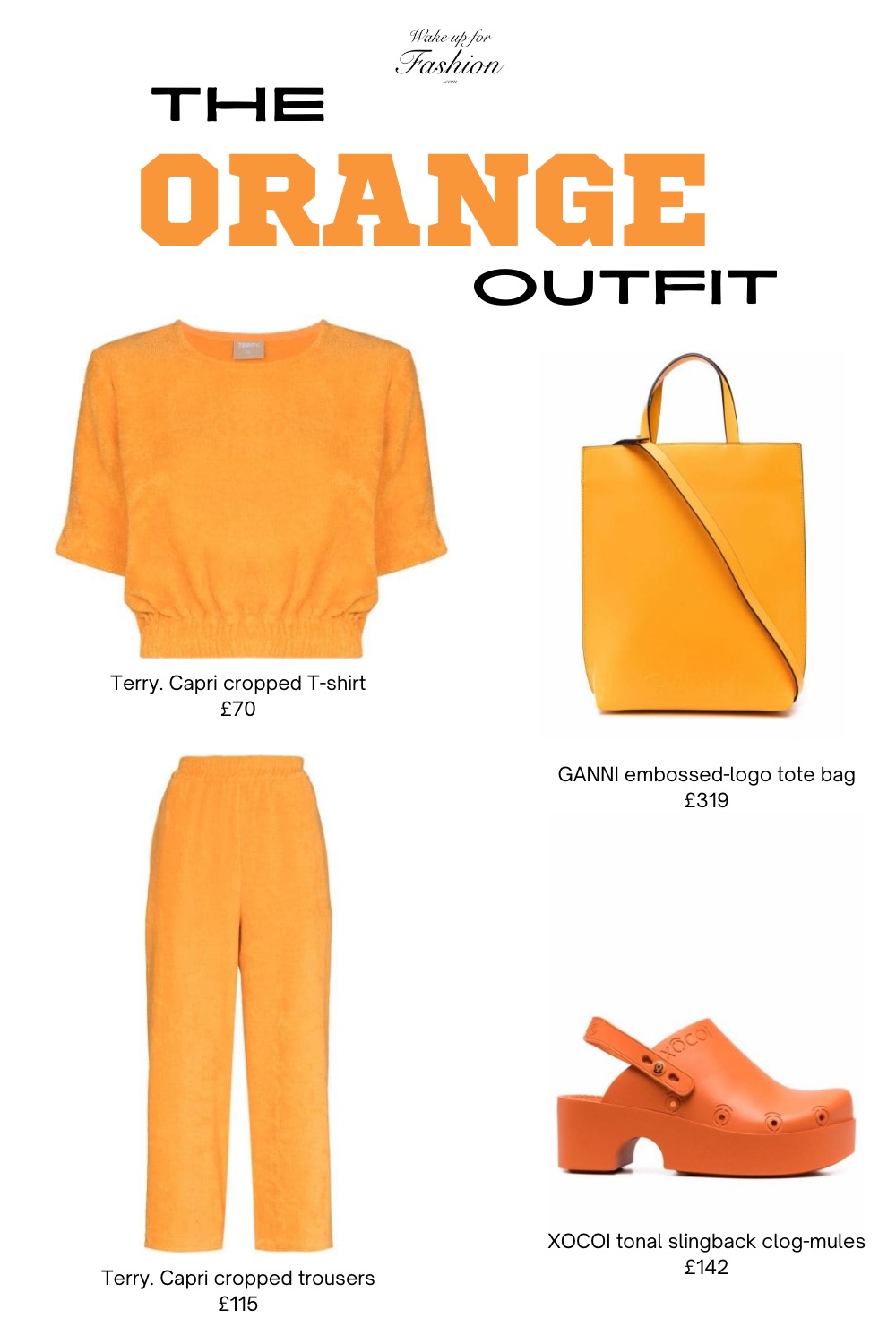 Block colour orange outfit with top, trousers, tote bag and mules.