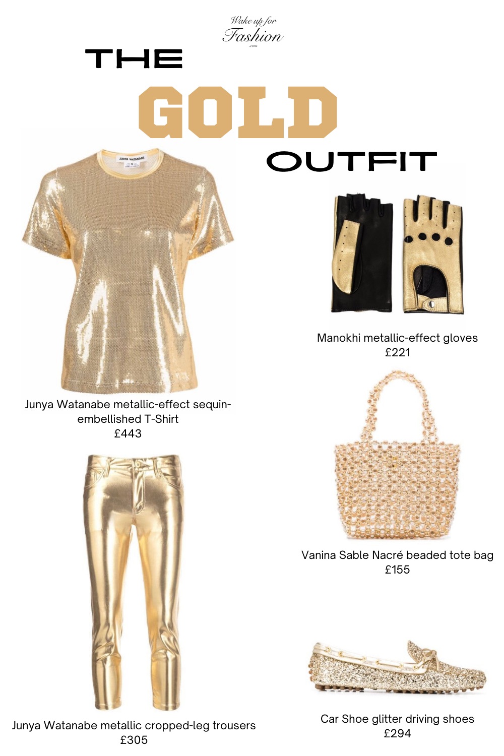 Aesthetic colour blocking gold outfit with t-shirt, trousers, gloves, tote bag and flat shoes.