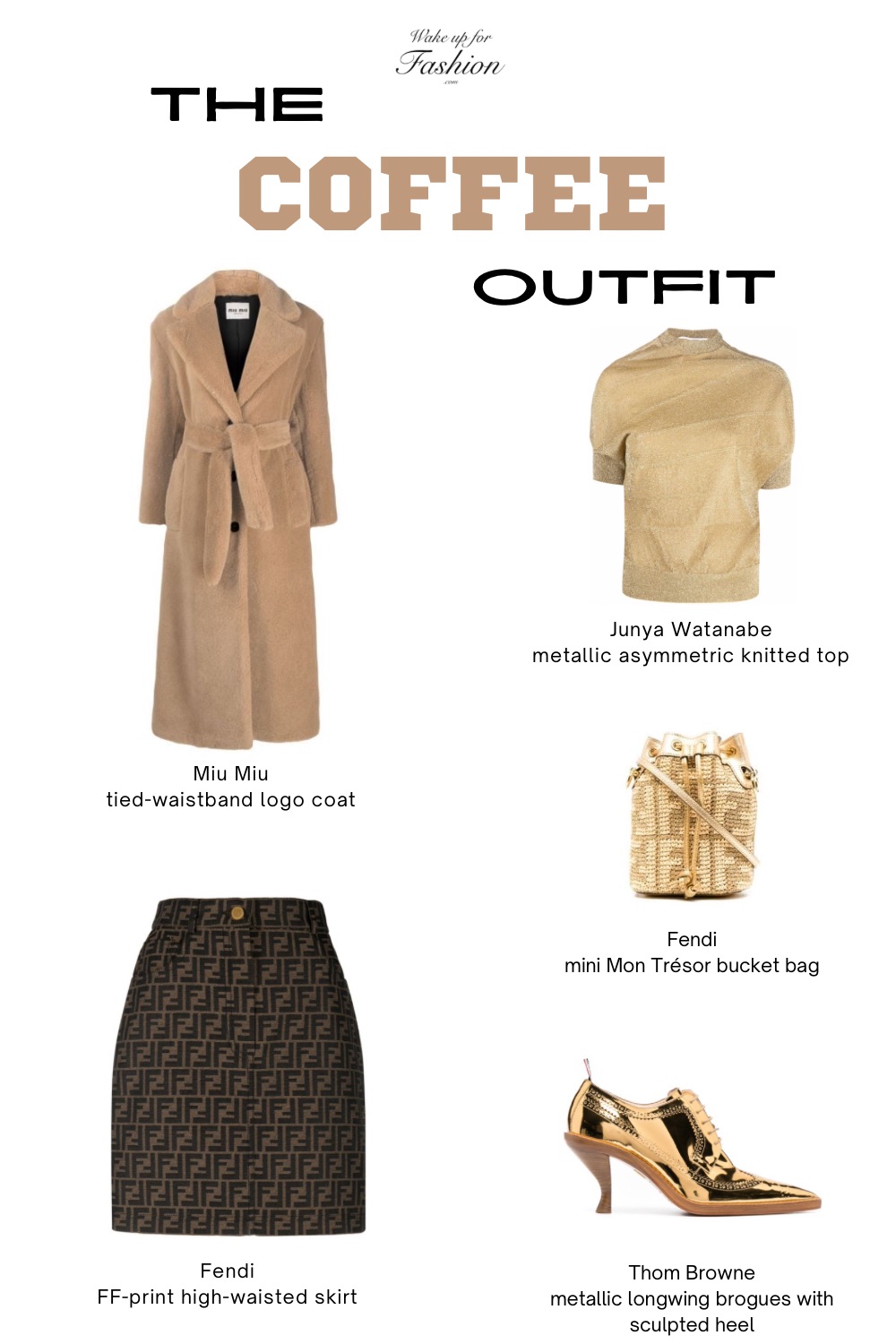 Women’s beige outfit with coat, top, skirt, bucket bag and heels.