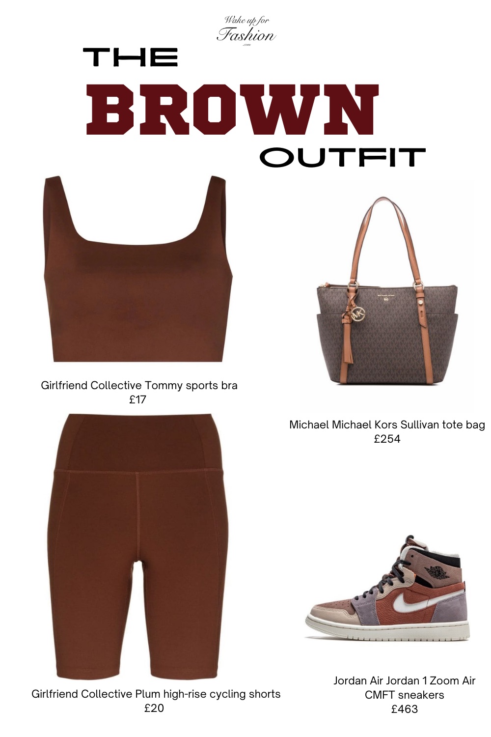 Women’s all brown outfit including sports top, cycling shorts luxury handbag and high top sneakers.