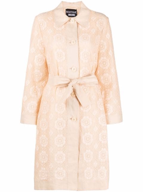 Beige belted lace autumn coat for women.