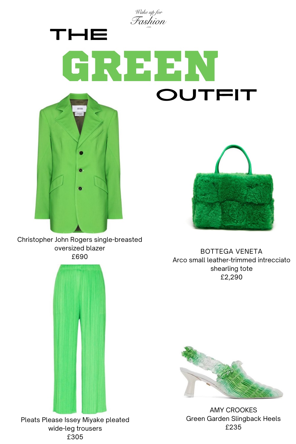 Women’s colour block all green outfit with blazer, trousers, handbag and heels.