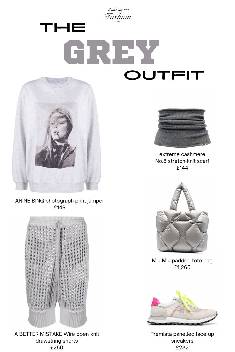 Colour blocking all grey outfit with jumper, shorts, scarf, padded tote bag and trainers.