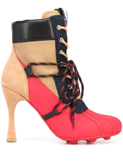 Beige and coral heeled lace up boots