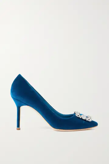 Dark blue velvet heeled pumps